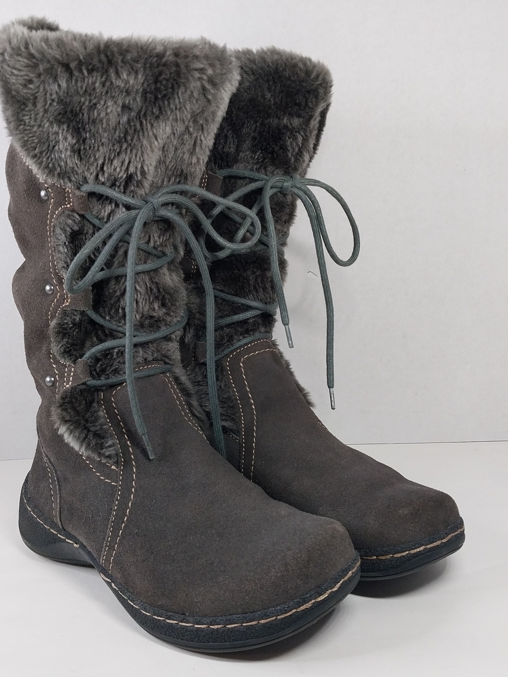 BareTraps Elicia Womens Size 9 Brown Leather Suede Lace up Faux Fur Winter Boots